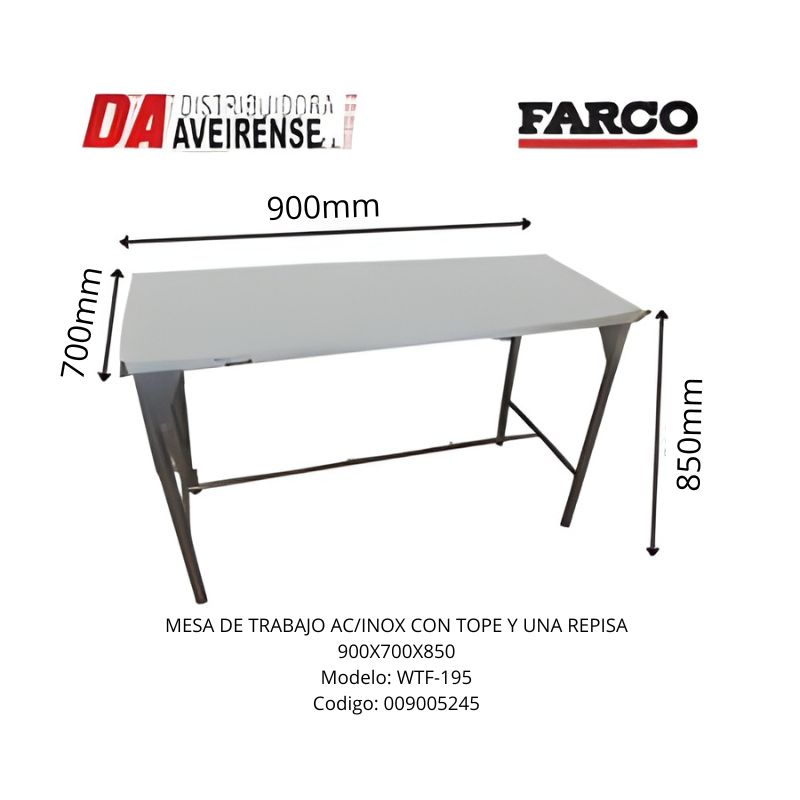 MESA DE TRABAJO AC/INOX CON TOPE Y UNA REPISA 900 X 700 X 850
